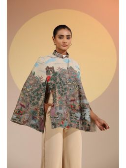 Dusala India - Roxane Fine Wool Silk Kalamkari Cape - Beige