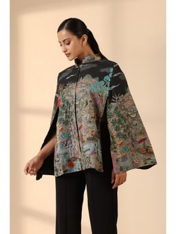 Dusala India - Estelle Fine Wool Silk Kalamkari Cape - Black