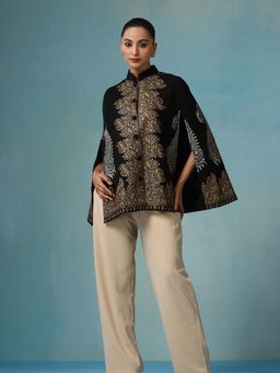 Dusala India - Ira Fine Wool Silk With Zari Embroidery Cape - Black