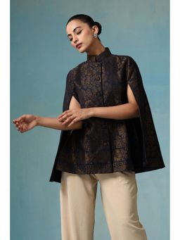 Dusala India - Ais Fine Wool Silk With Zari Cape - Navy Blue