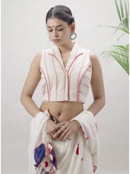 PRATHAA - Notch Collar Sleeveless Off White Khesh Blouse