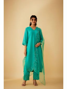 1999AD - Green Linen Silk Applique Embroidery Kurta with Pant and Dupatta (Set of 3)
