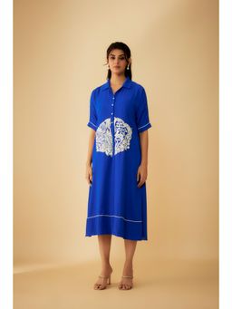 1999AD - Royal Blue Georgette White Applique Embroidery Dress with Inner (Set of 2)
