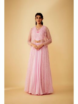 1999AD - Onion Pink Jacket with Embroidered Stitched Blouse and Lehenga (Set of 3)