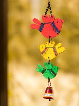 ExclusiveLane - 'Feathered Friends' Hand-Painted Decorative Hanging Bell Wind Chime In Metal & Wood