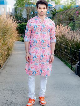 SHIWAM ETHNIX - Men Multicolor Silk Blend Floral Straight Kurta