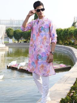 SHIWAM ETHNIX - Men Pink Silk Blend Abstract Straight Kurta