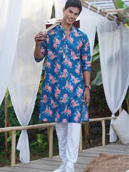 SHIWAM ETHNIX - Men Blue Silk Blend Floral Straight Kurta
