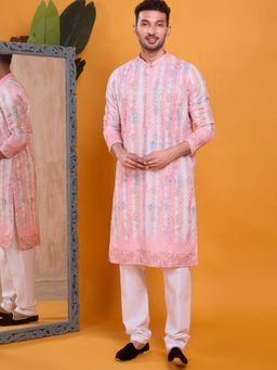 SHIWAM ETHNIX - Men Peach Silk Blend Abstract Straight Kurta