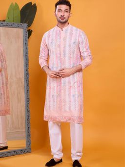 SHIWAM ETHNIX - Men Pink Silk Blend Abstract Straight Kurta