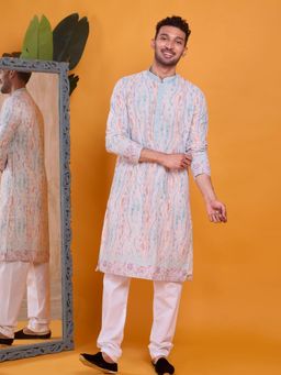 SHIWAM ETHNIX - Men Green Cotton Silk Embroidered Straight Kurta