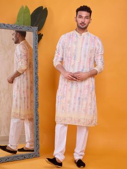 SHIWAM ETHNIX - Men Yellow Cotton Silk Embroidered Straight Kurta