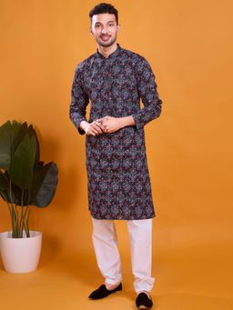SHIWAM ETHNIX - Men Black Cotton Silk Embroidered Straight Kurta