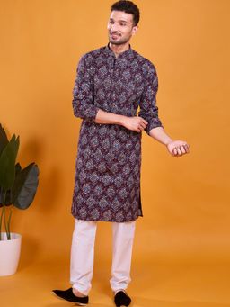 SHIWAM ETHNIX - Men Brown Cotton Silk Embroidered Straight Kurta