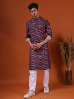 SHIWAM ETHNIX - Men Black Silk Blend Geometric Straight Kurta