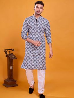 SHIWAM ETHNIX - Men Blue Silk Blend Abstract Straight Kurta
