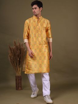 SHIWAM ETHNIX - Men Yellow Silk Blend Abstract Straight Kurta