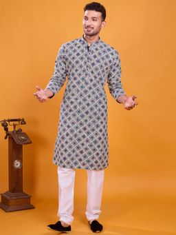 SHIWAM ETHNIX - Men Green Silk Blend Geometric Straight Kurta