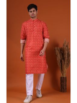 SHIWAM ETHNIX - Men Orange Silk Blend Geometric Straight Kurta