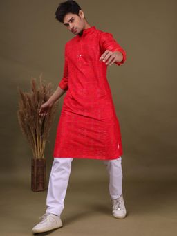 SHIWAM ETHNIX - Men Red Silk Blend Abstract Straight Kurta