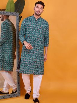 SHIWAM ETHNIX - Men Green Silk Blend Abstract Straight Kurta