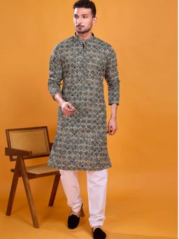 SHIWAM ETHNIX - Men Green Silk Blend Abstract Straight Kurta