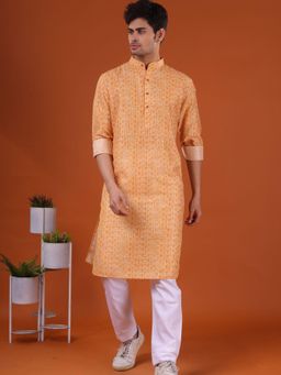 SHIWAM ETHNIX - Men Yellow Silk Blend Abstract Straight Kurta