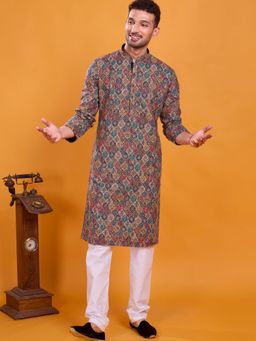 SHIWAM ETHNIX - Men Multicolor Silk Blend Abstract Straight Kurta