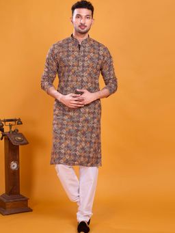 SHIWAM ETHNIX - Men Mustard Silk Blend Floral Straight Kurta
