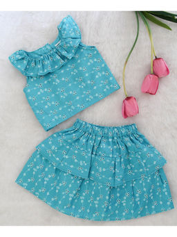 Woonie - This Woonie frill neck top with frill skirt-blue is a summer essential for your little girl. Tailored in the finest material, it features a round neck. Style it with fancy accessories to complete her look.