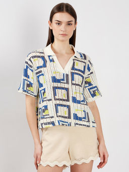 VERO MODA - Off-White Self Design Knitted Polo T-Shirt