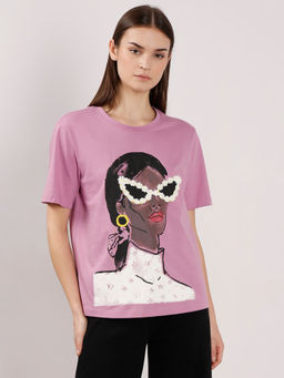 VERO MODA - Light Purple Printed Cotton T-Shirt