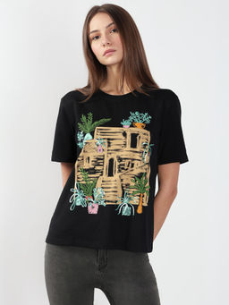 VERO MODA - Black Printed Cotton T-Shirt