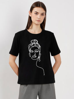 VERO MODA - Black Cotton Embroidered T-Shirt