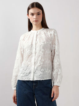 VERO MODA - White 3D Floral Embroidery Shirt