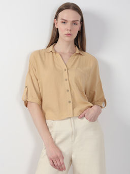 VERO MODA - Beige Three Fourth Sleeves Solid Shirt