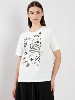 VERO MODA - White Typography Cotton T-Shirt