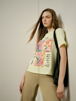 VERO MODA - Light Yellow Printed Cotton T-Shirt