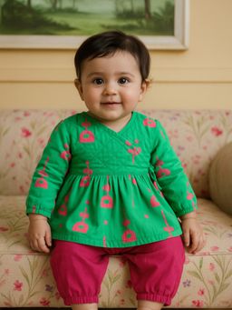 Somersault - Cotton Quilted Angrakha Kurta Pant Set For Baby Girls