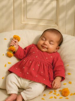 Somersault - Cotton Quilted Embroidered Angrakha Kurta Pant Set For Baby Girls