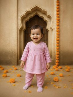 Somersault - Girls Cotton Tassel Twirl Angrakha and Petal Pant Set - Pink