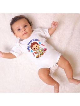 KNITROOT - Cotton Knit Holi Theme My First Holi Printed Onesie - White