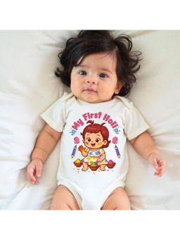 KNITROOT - Cotton Knit Holi Theme My First Holi Printed Onesie - White