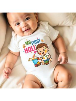 KNITROOT - Cotton Knit Holi Theme My First Holi Printed Onesie - White