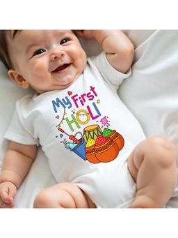 KNITROOT - Cotton Knit Holi Theme My First Holi Printed Onesie - White
