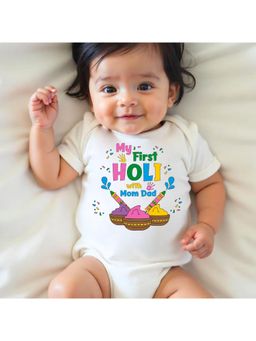 KNITROOT - Cotton Knit Holi Theme My First Holi with Mom Dad Printed Onesie - White
