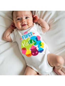 KNITROOT - Cotton Knit Holi Theme My First Holi Printed Onesie - White