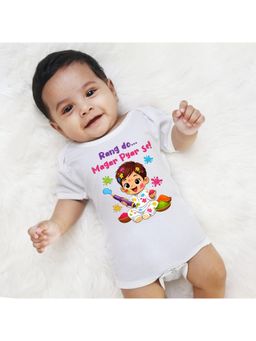 KNITROOT - Cotton Knit Holi Theme Rang Do Magar Pyaar Se! Printed Onesie - White
