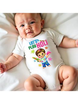 KNITROOT - Cotton Knit Holi Theme Let'S Play Holi Printed Onesie - White