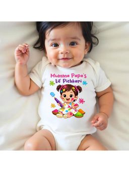 KNITROOT - Cotton Knit Holi Theme Mumma Papa'S Lil' Pichkari Printed Onesie - White